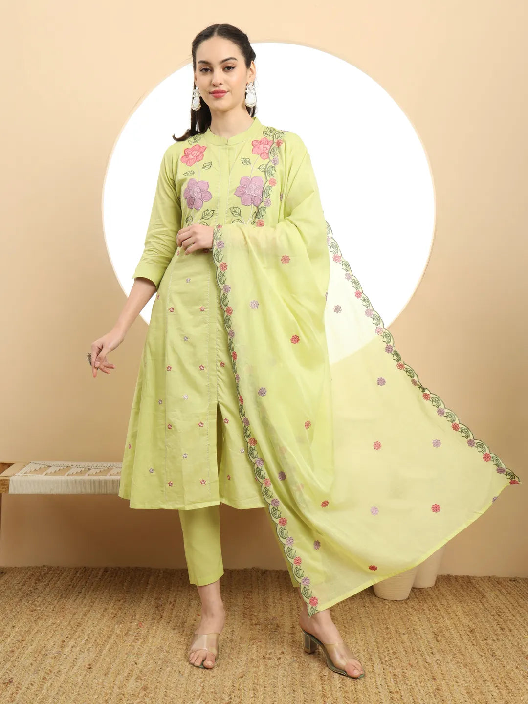 Green Pure Cotton A-Line Embroidered Kurta Dupatta Set
