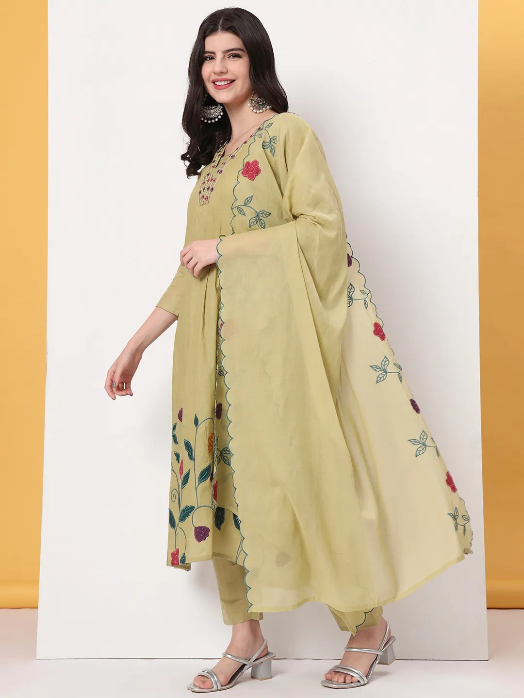 Green Pure Cotton A-Line Thread Work Kurta Dupatta Set