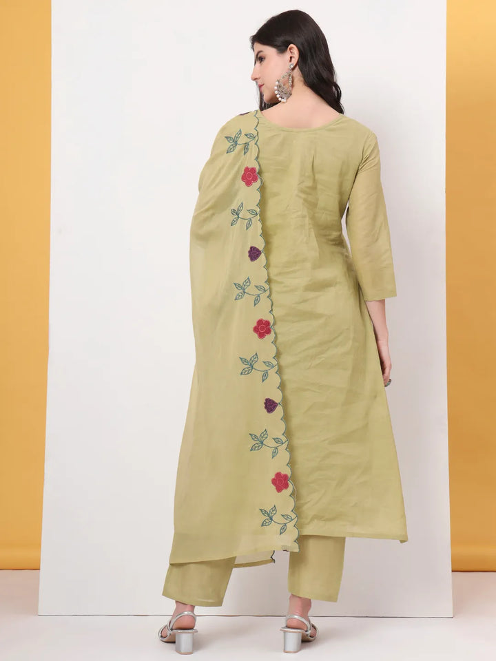 Green Pure Cotton A-Line Thread Work Kurta Dupatta Set