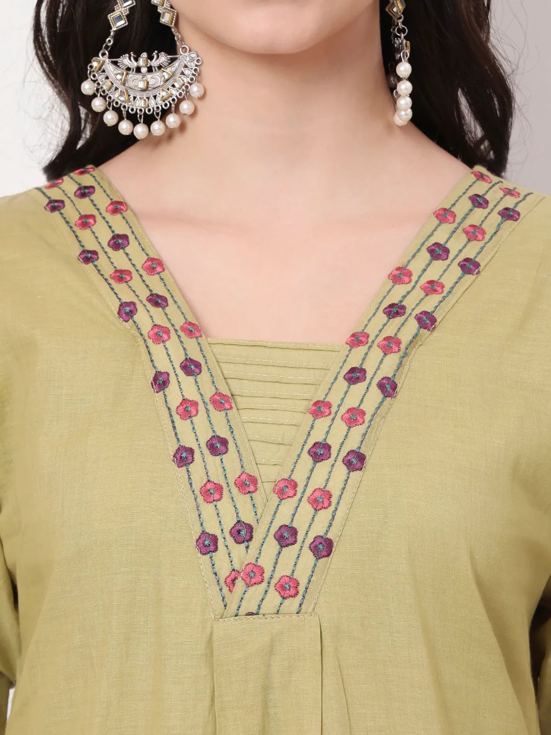 Green Pure Cotton A-Line Thread Work Kurta Dupatta Set