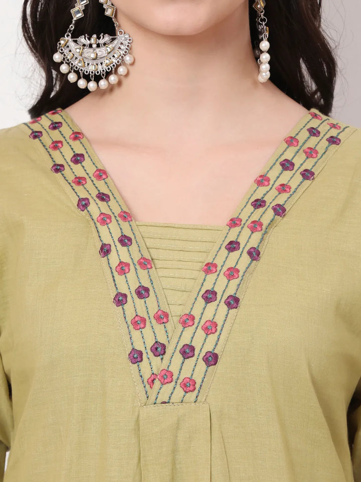 Green Pure Cotton A-Line Thread Work Kurta Dupatta Set