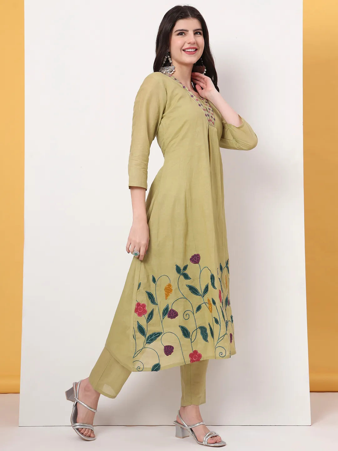 Green Pure Cotton A-Line Thread Work Kurta Dupatta Set