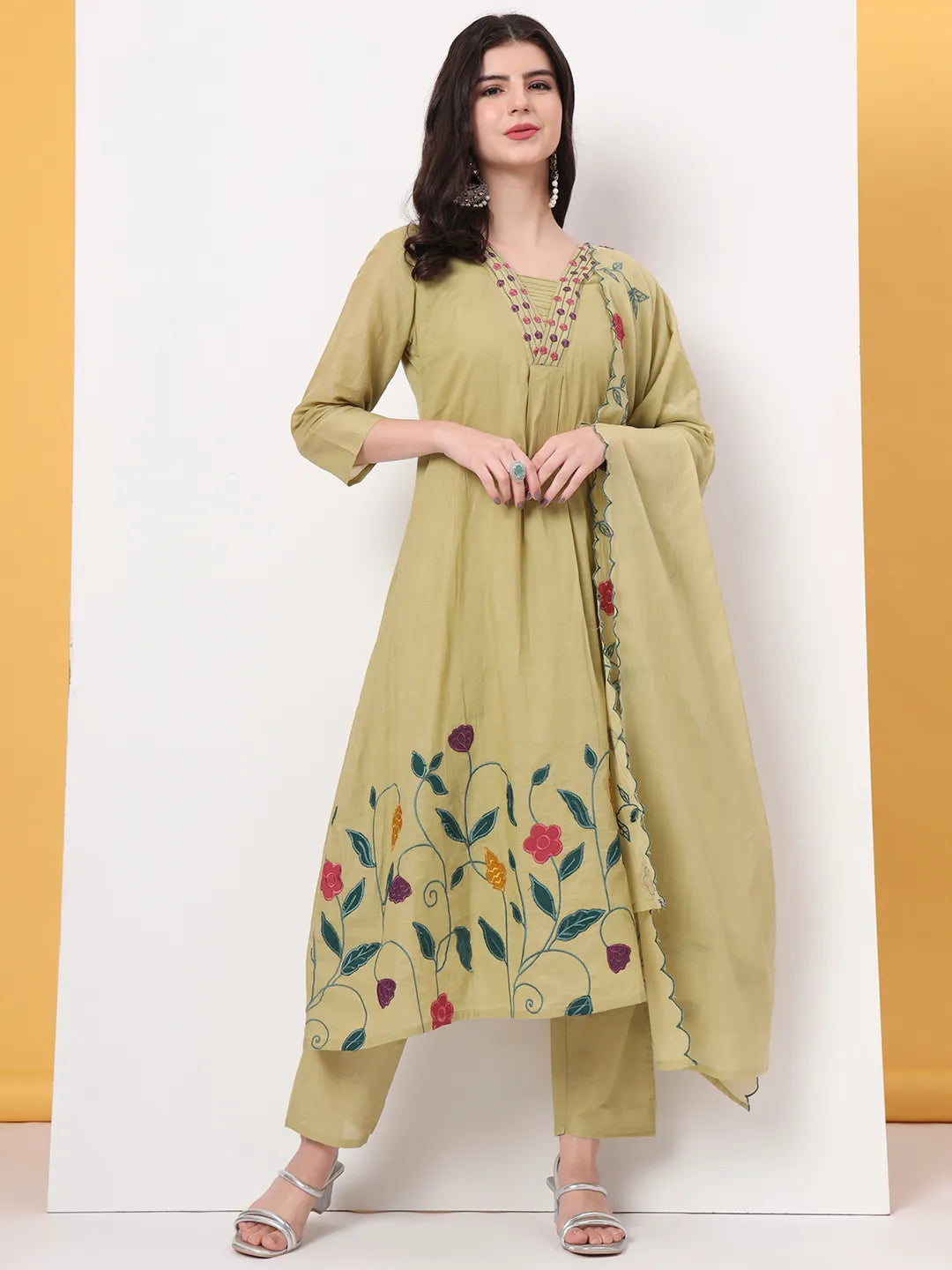 Green Pure Cotton A-Line Thread Work Kurta Dupatta Set