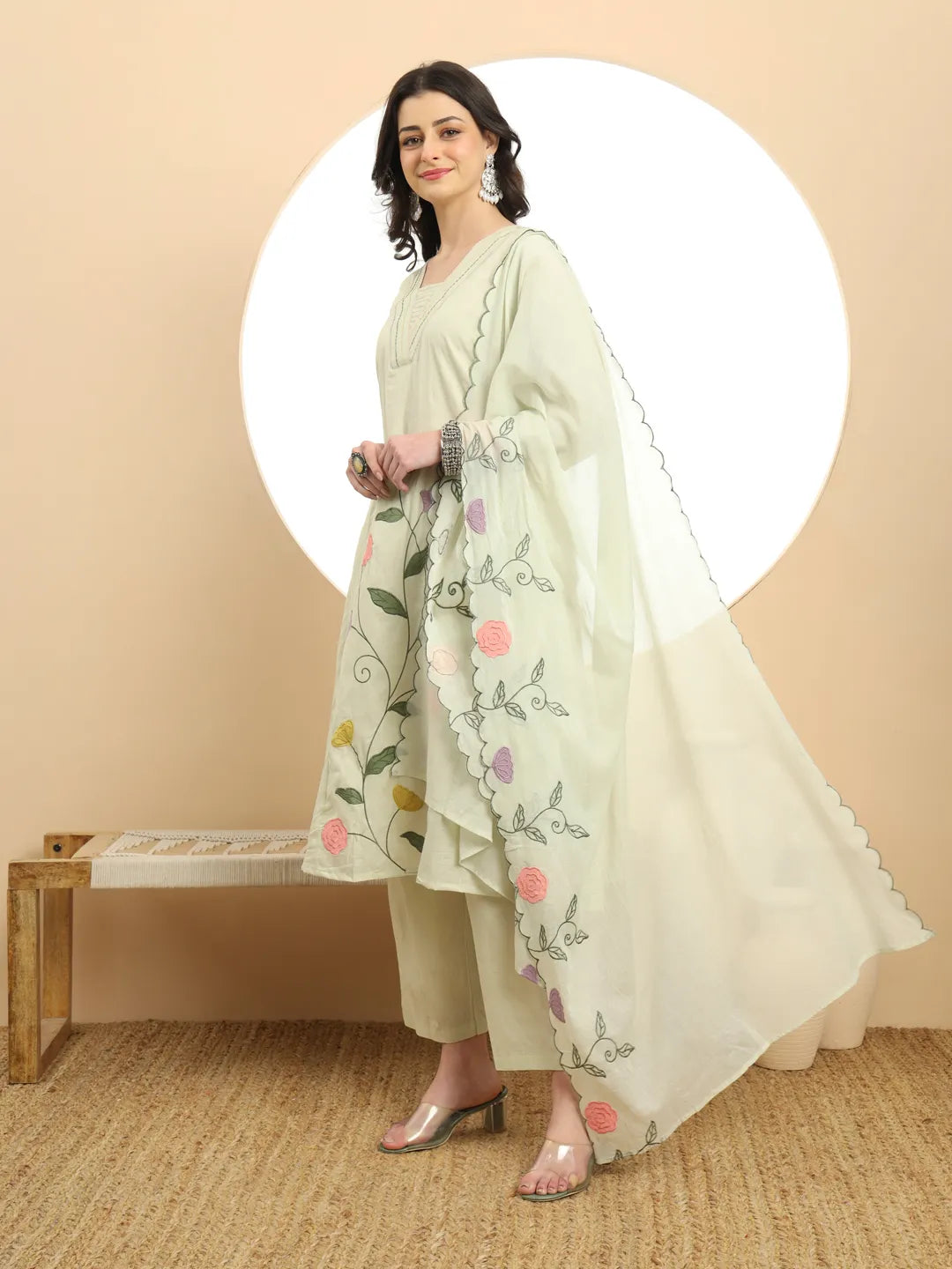 Green Pure Cotton A-Line Thread Work Kurta Dupatta Set