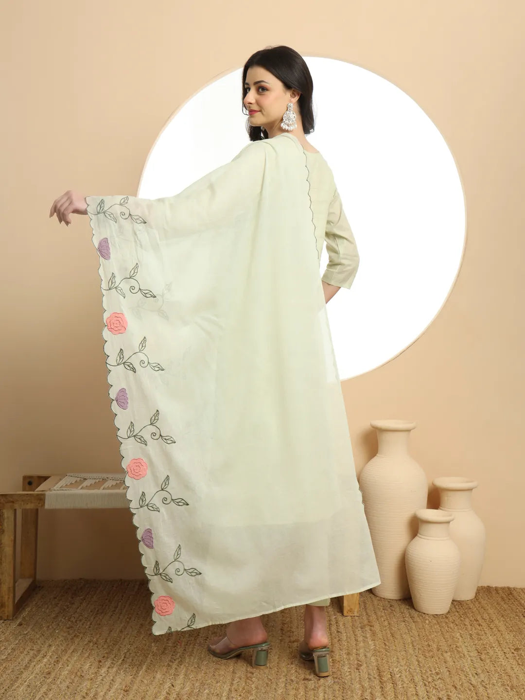 Green Pure Cotton A-Line Thread Work Kurta Dupatta Set