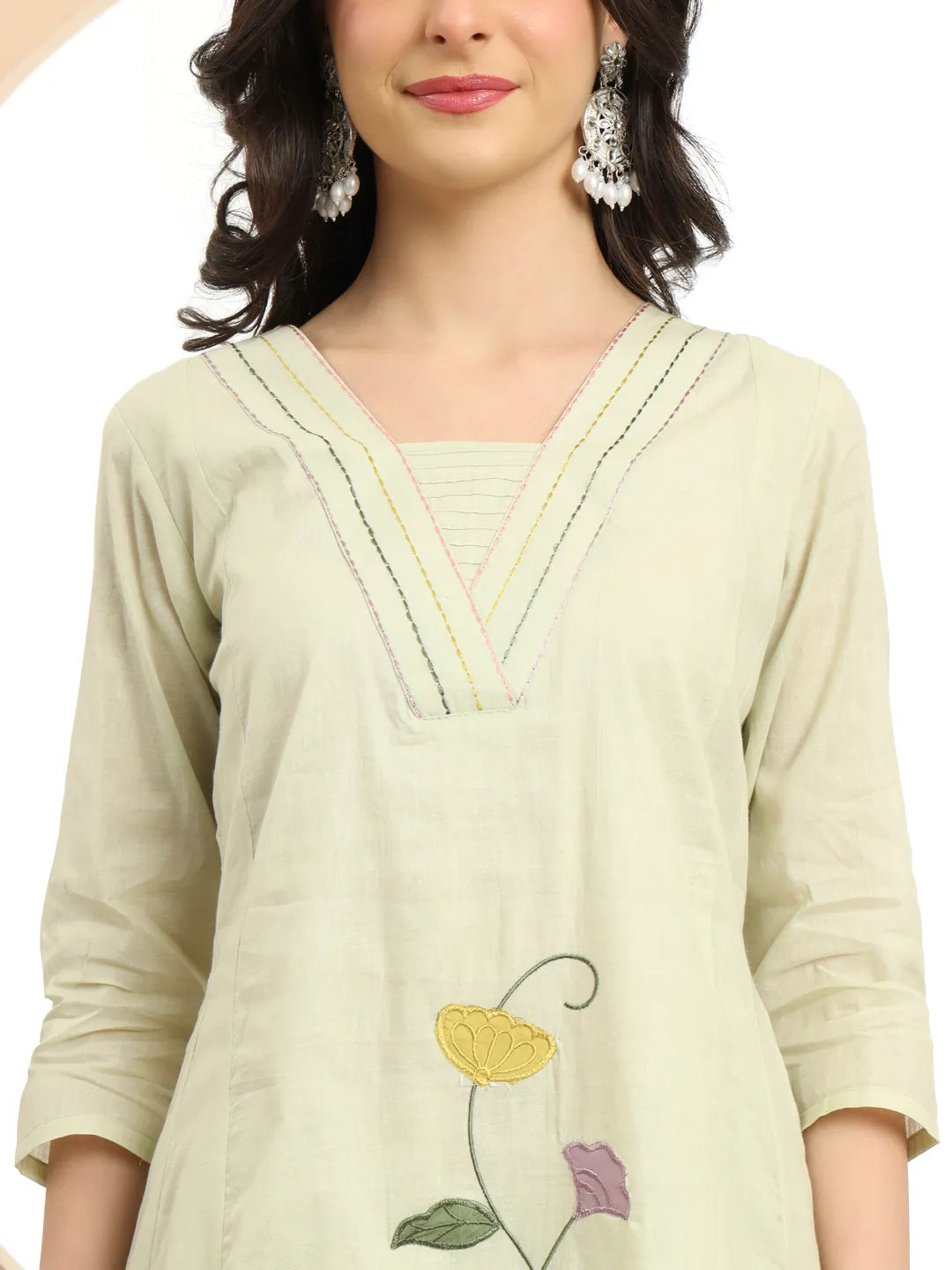 Green Pure Cotton A-Line Thread Work Kurta Dupatta Set