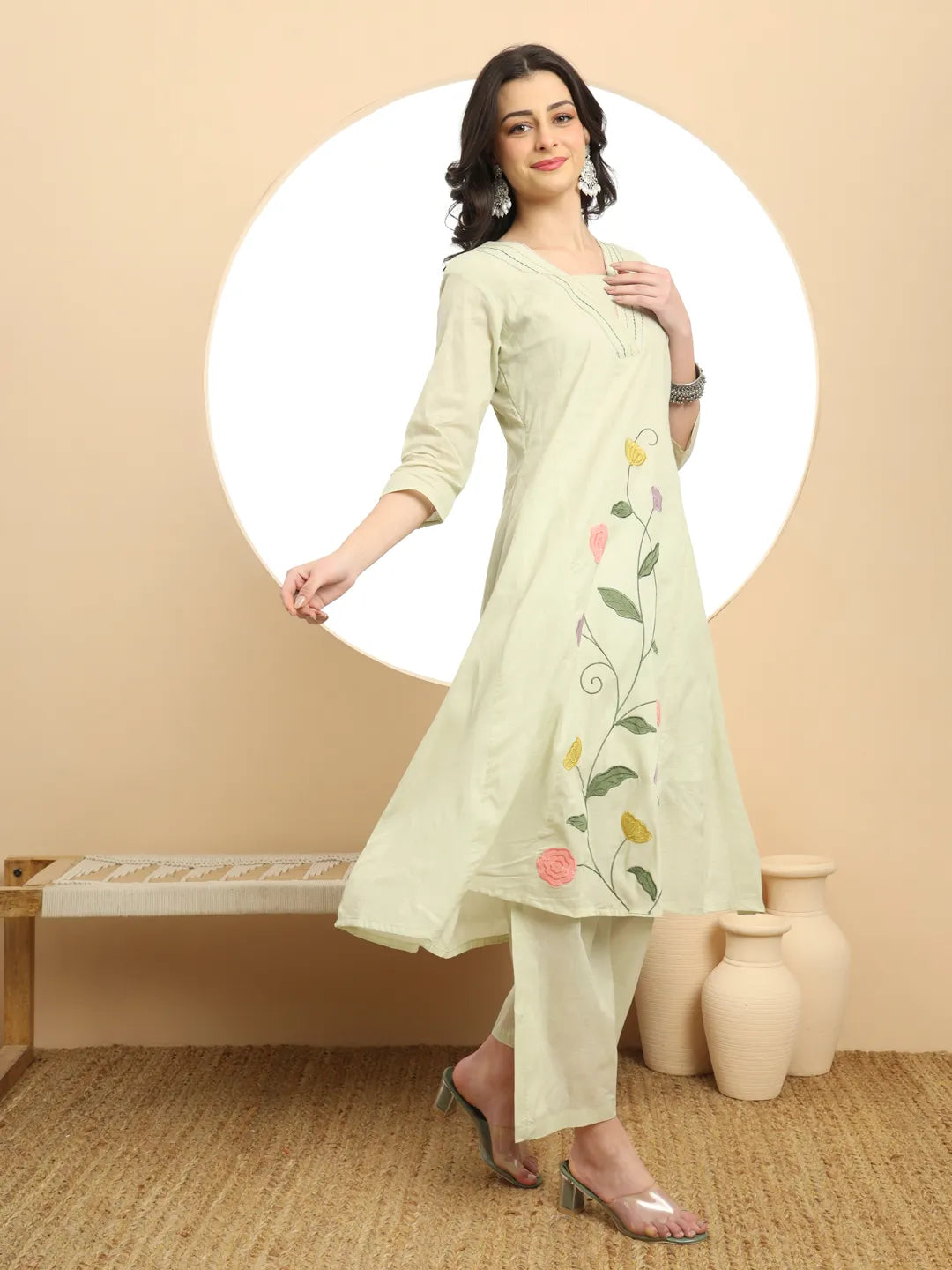 Green Pure Cotton A-Line Thread Work Kurta Dupatta Set