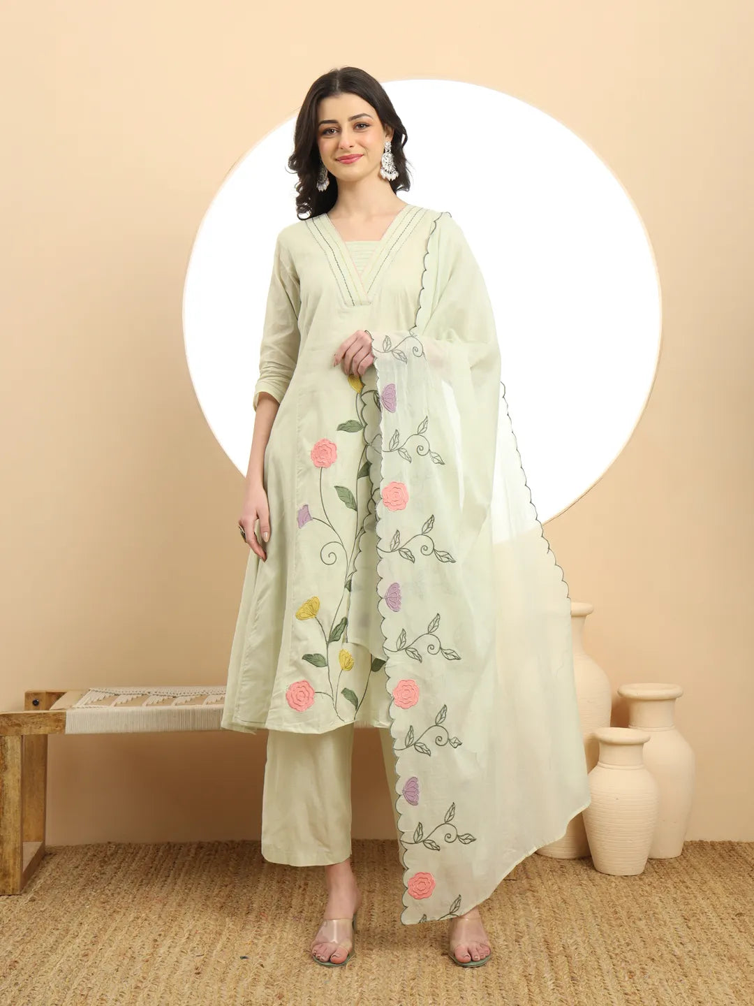 Green Pure Cotton A-Line Thread Work Kurta Dupatta Set