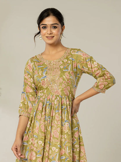Green Pure Cotton Dori Embroidery Dress