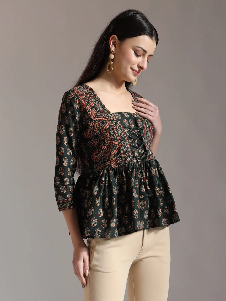 Green Pure Cotton Ethnic Motifs Dori Work Design Gathered Or Pleated Top