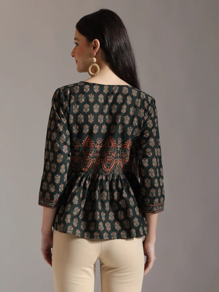 Green Pure Cotton Ethnic Motifs Dori Work Design Gathered Or Pleated Top