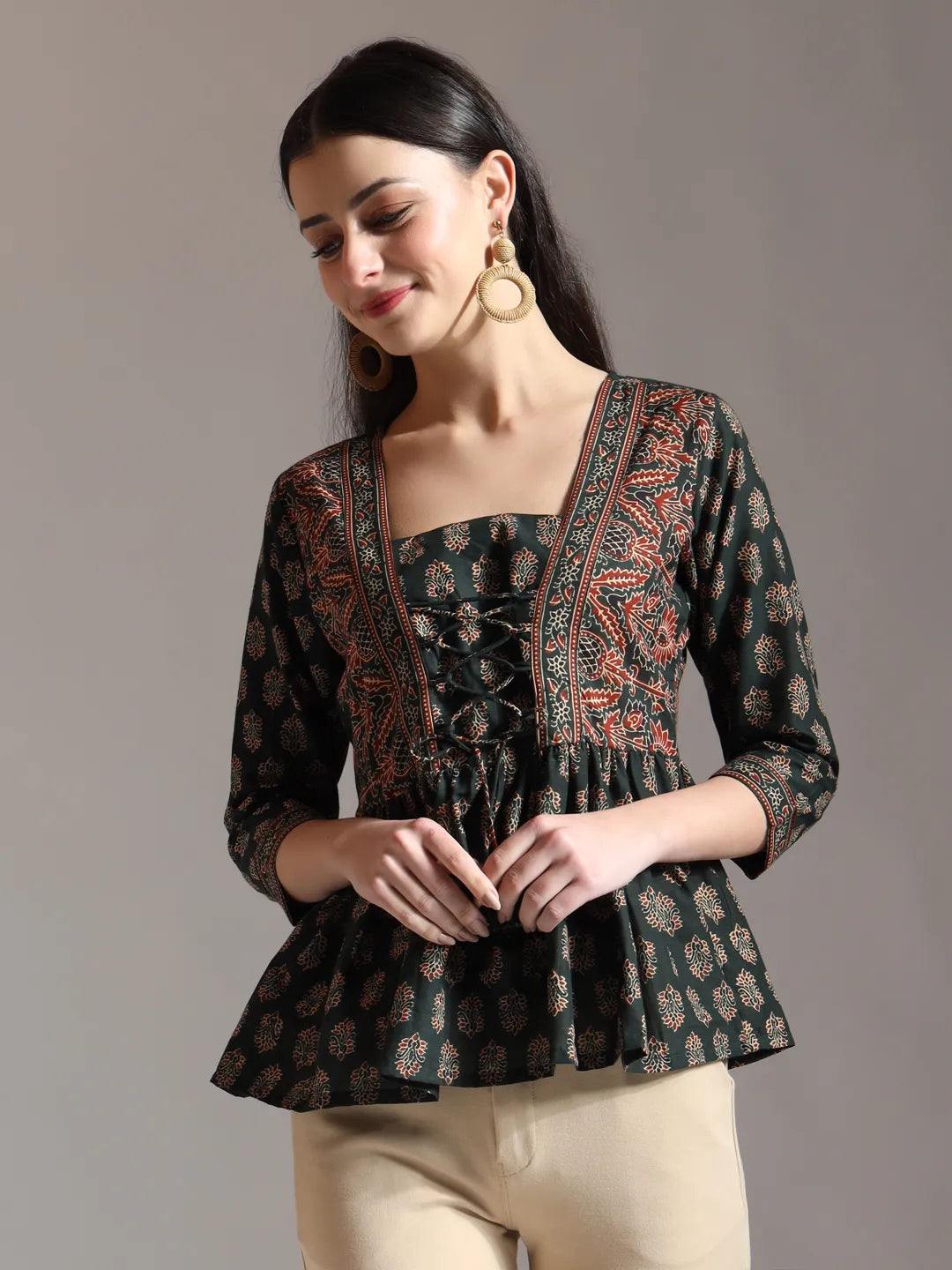 Green Pure Cotton Ethnic Motifs Dori Work Design Gathered Or Pleated Top