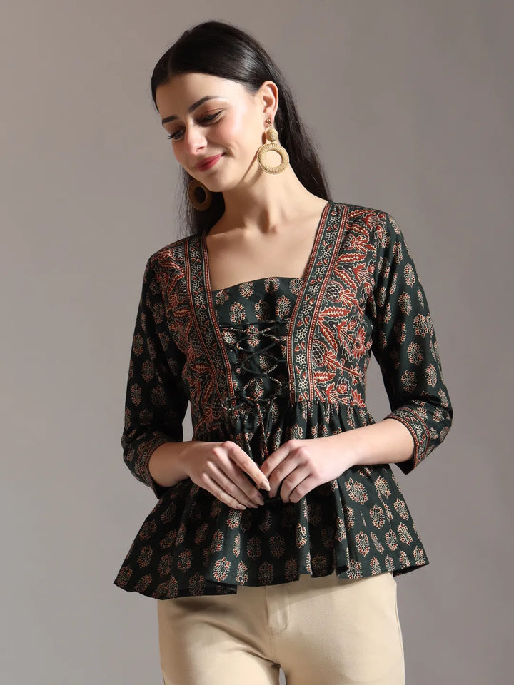 Green Pure Cotton Ethnic Motifs Dori Work Design Gathered Or Pleated Top