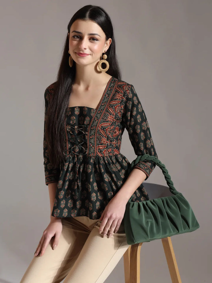 Green Pure Cotton Ethnic Motifs Dori Work Design Gathered Or Pleated Top