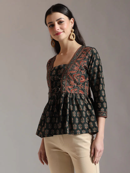 Women's Green Cotton Green Pure Cotton Ethnic Motifs Dori Work Design Gathered Or Pleated Top by Yufta, suitable for wholesale buyers, boutiques, retailers, resellers and bulk fashion orders from Trendphoria