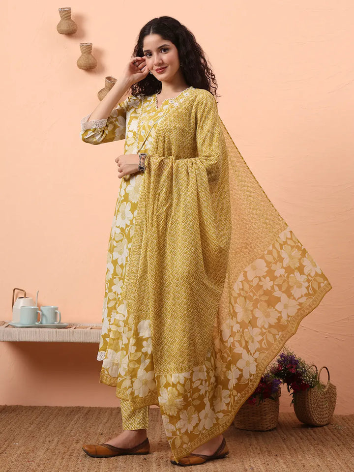 Green Pure Cotton Ethnic Motifs Straight Kurta Pant Set
