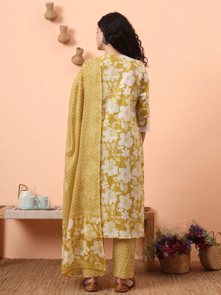 Green Pure Cotton Ethnic Motifs Straight Kurta Pant Set