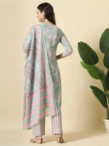 Green Pure Cotton Floral Print Thread Work Kurta Set With Pant & Dupatta