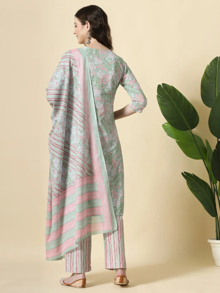 Green Pure Cotton Floral Print Thread Work Kurta Set With Pant &amp; Dupatta