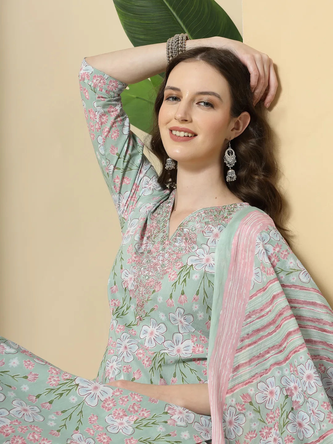 Green Pure Cotton Floral Print Thread Work Kurta Set With Pant & Dupatta