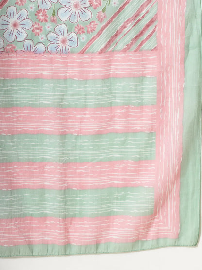 Green Pure Cotton Floral Print Thread Work Kurta Set With Pant & Dupatta