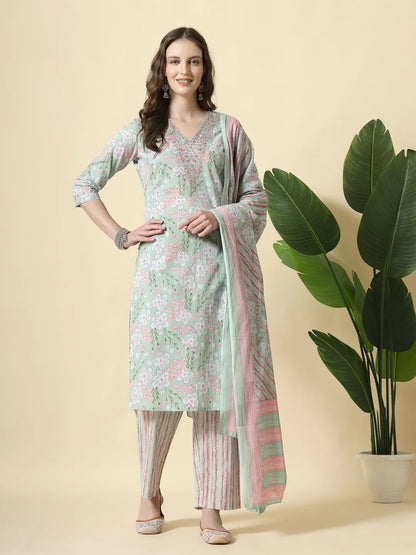 Green Pure Cotton Floral Print Thread Work Kurta Set With Pant & Dupatta
