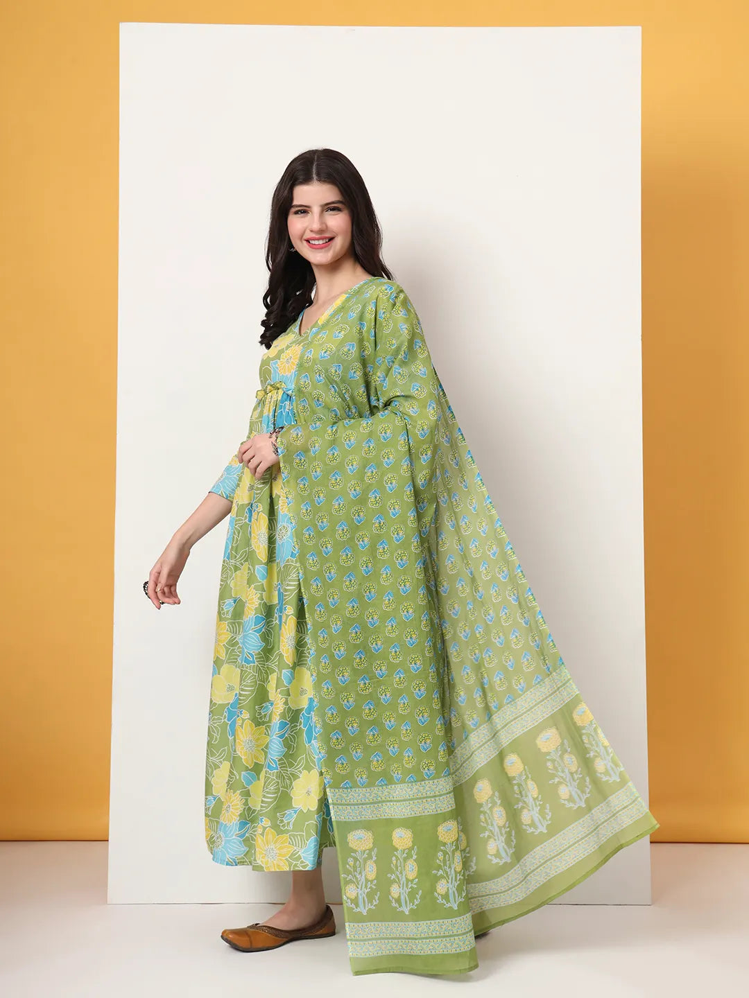 Green Pure Cotton Maternity Anarkali Kurta Trouser Dupatta Set