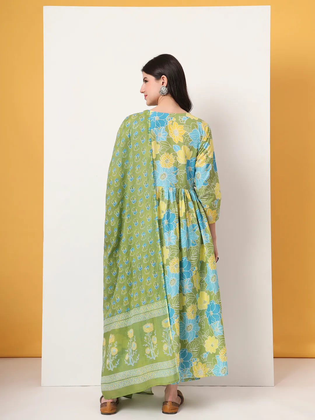 Green Pure Cotton Maternity Anarkali Kurta Trouser Dupatta Set