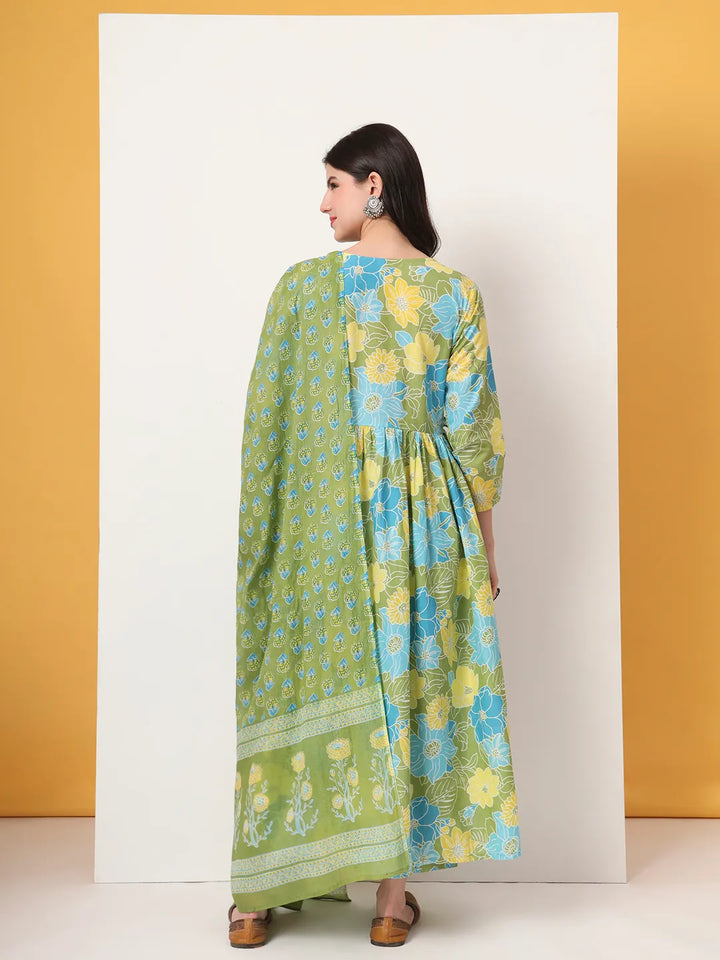 Green Pure Cotton Maternity Anarkali Kurta Trouser Dupatta Set