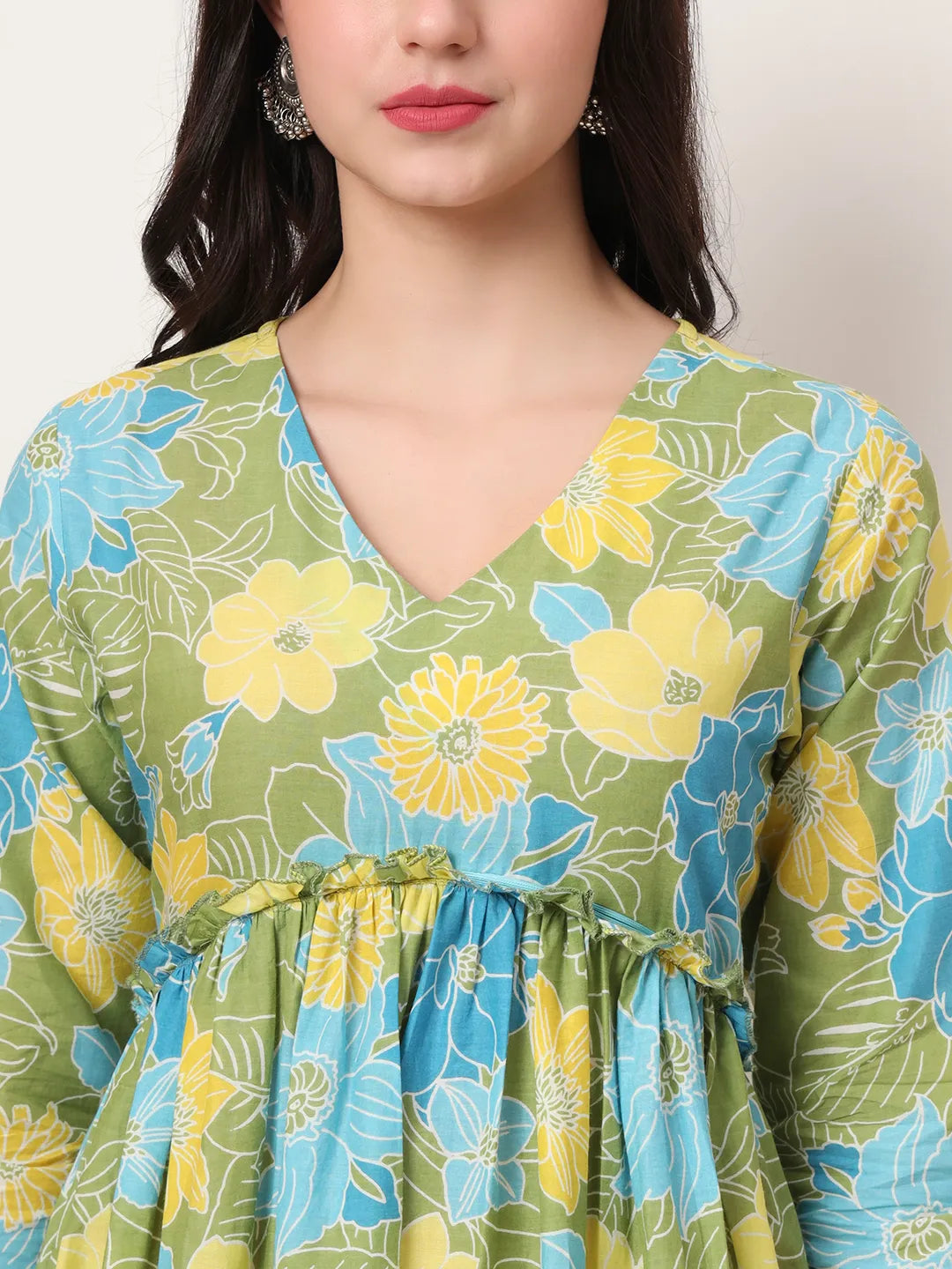 Green Pure Cotton Maternity Anarkali Kurta Trouser Dupatta Set