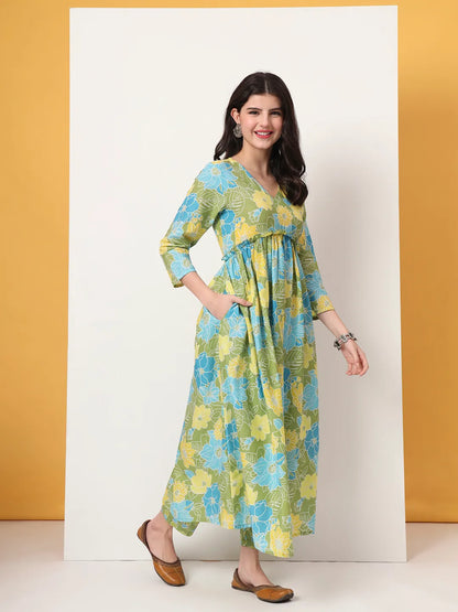 Green Pure Cotton Maternity Anarkali Kurta Trouser Dupatta Set