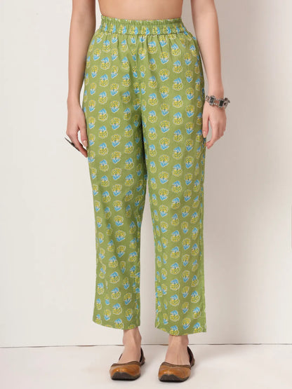 Green Pure Cotton Maternity Anarkali Kurta Trouser Dupatta Set