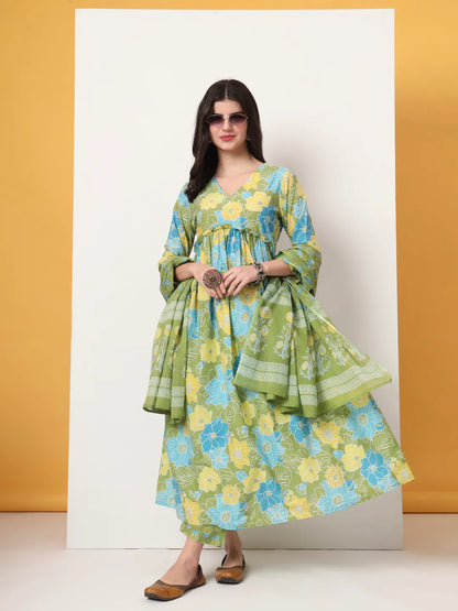 Green Pure Cotton Maternity Anarkali Kurta Trouser Dupatta Set