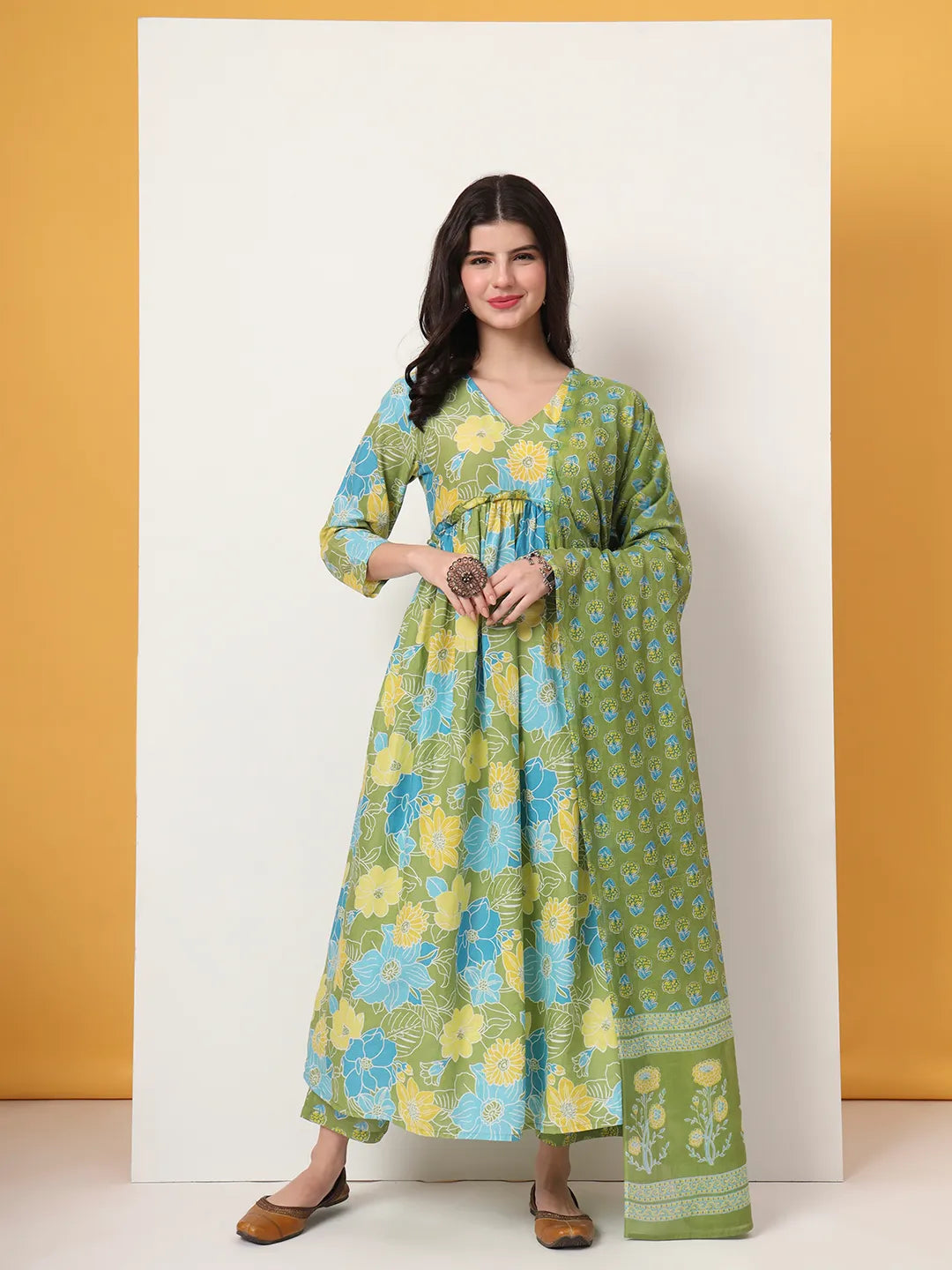 Green Pure Cotton Maternity Anarkali Kurta Trouser Dupatta Set