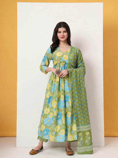 Green Pure Cotton Maternity Anarkali Kurta Trouser Dupatta Set