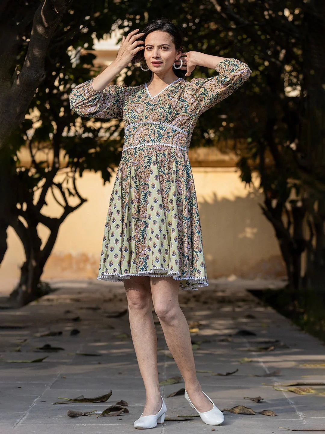 Green Pure Cotton Paisley And Tassels Were Dress