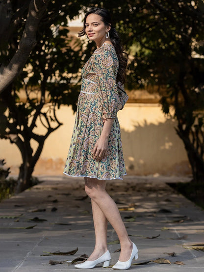 Green Pure Cotton Paisley And Tassels Were Dress