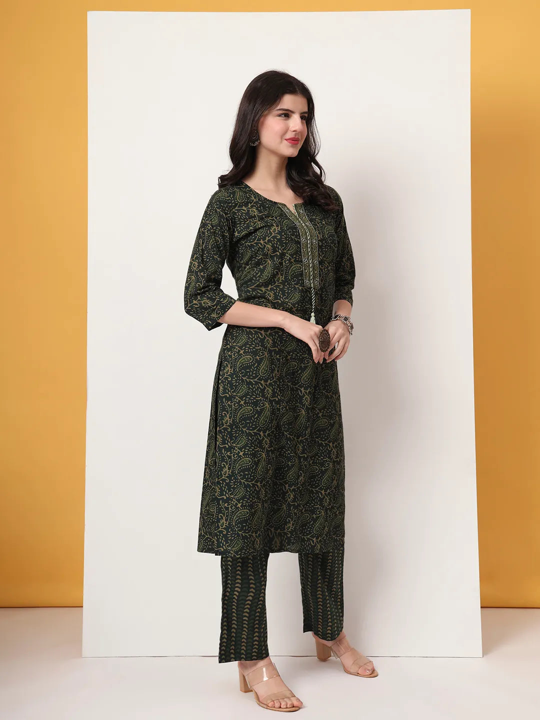 Green Pure Cotton Paisley Print Kurta Dupatta Pant Set