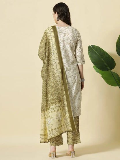 Green Pure Cotton Paisley Thread Work Kurta Dupatta Pant Set