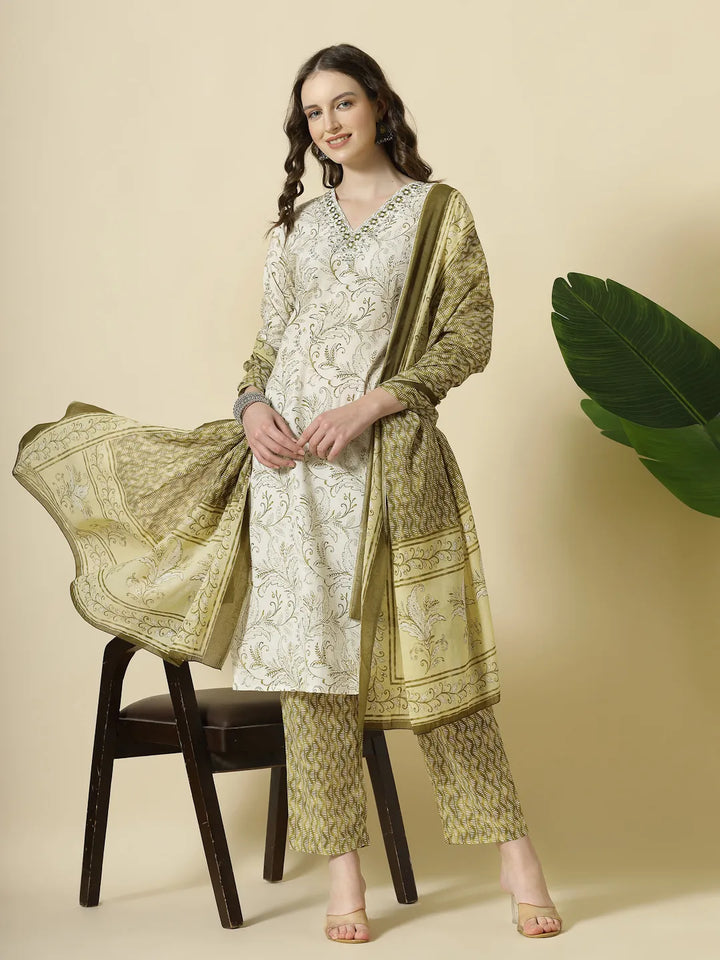 Green Pure Cotton Paisley Thread Work Kurta Dupatta Pant Set