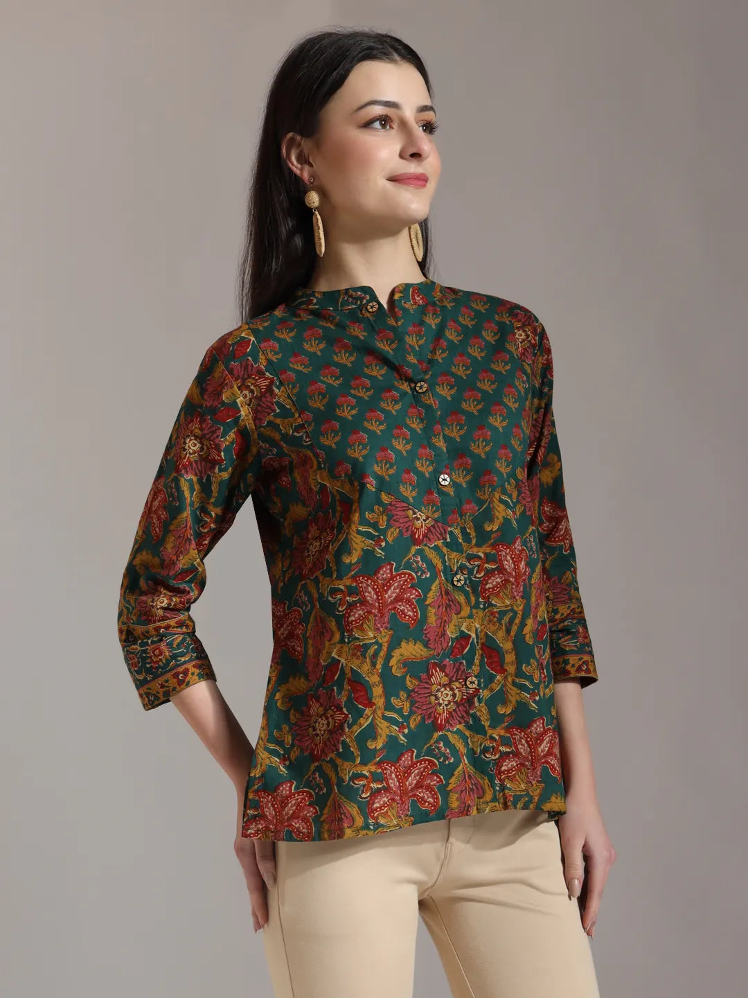 Green Pure Cotton Shirt Style Top