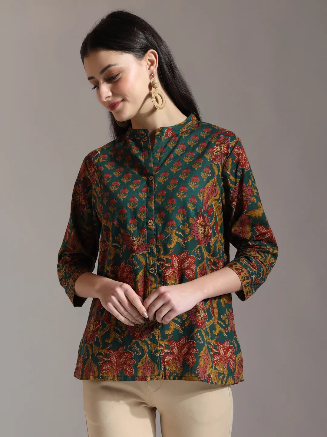 Green Pure Cotton Shirt Style Top