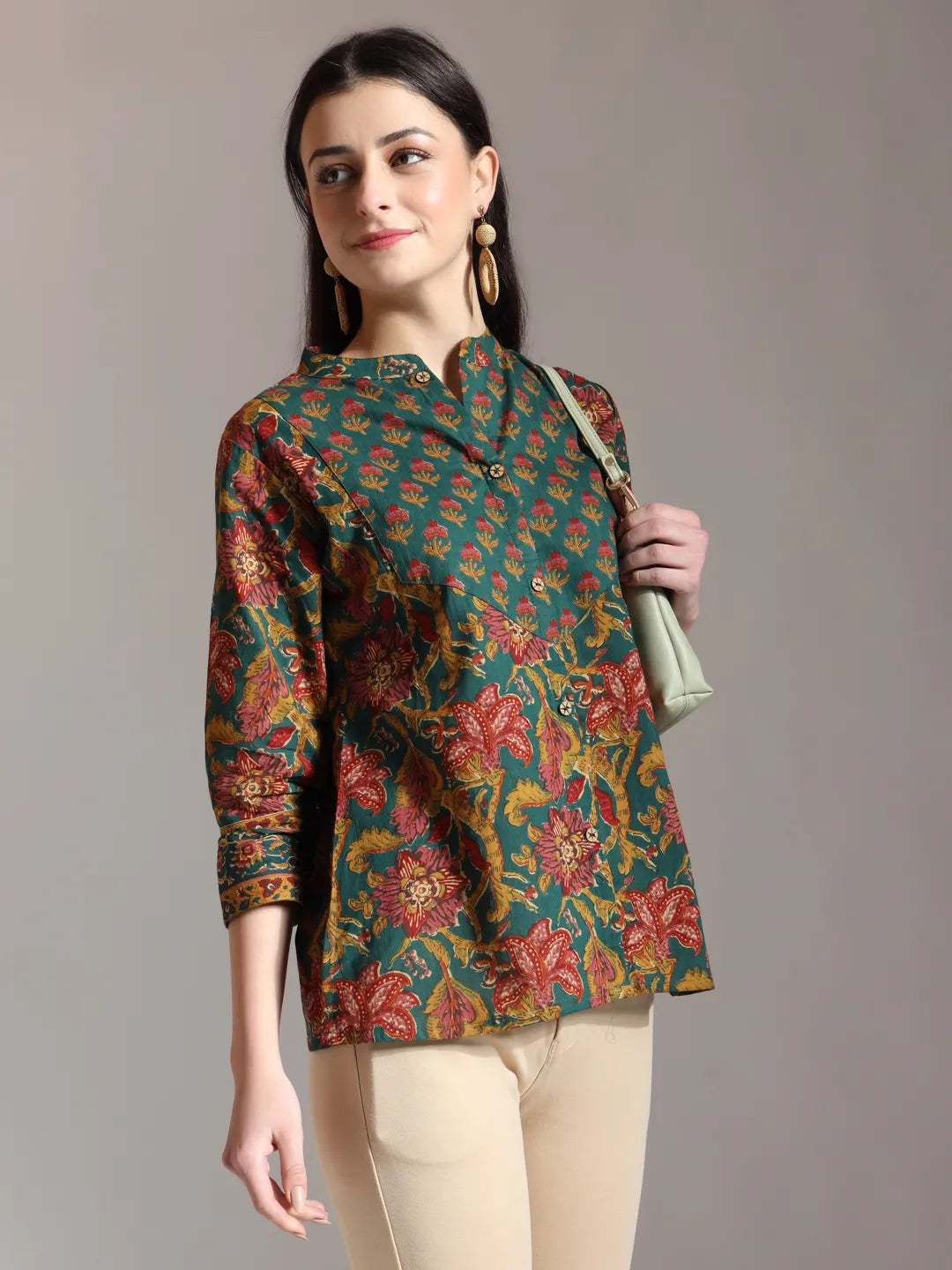 Green Pure Cotton Shirt Style Top