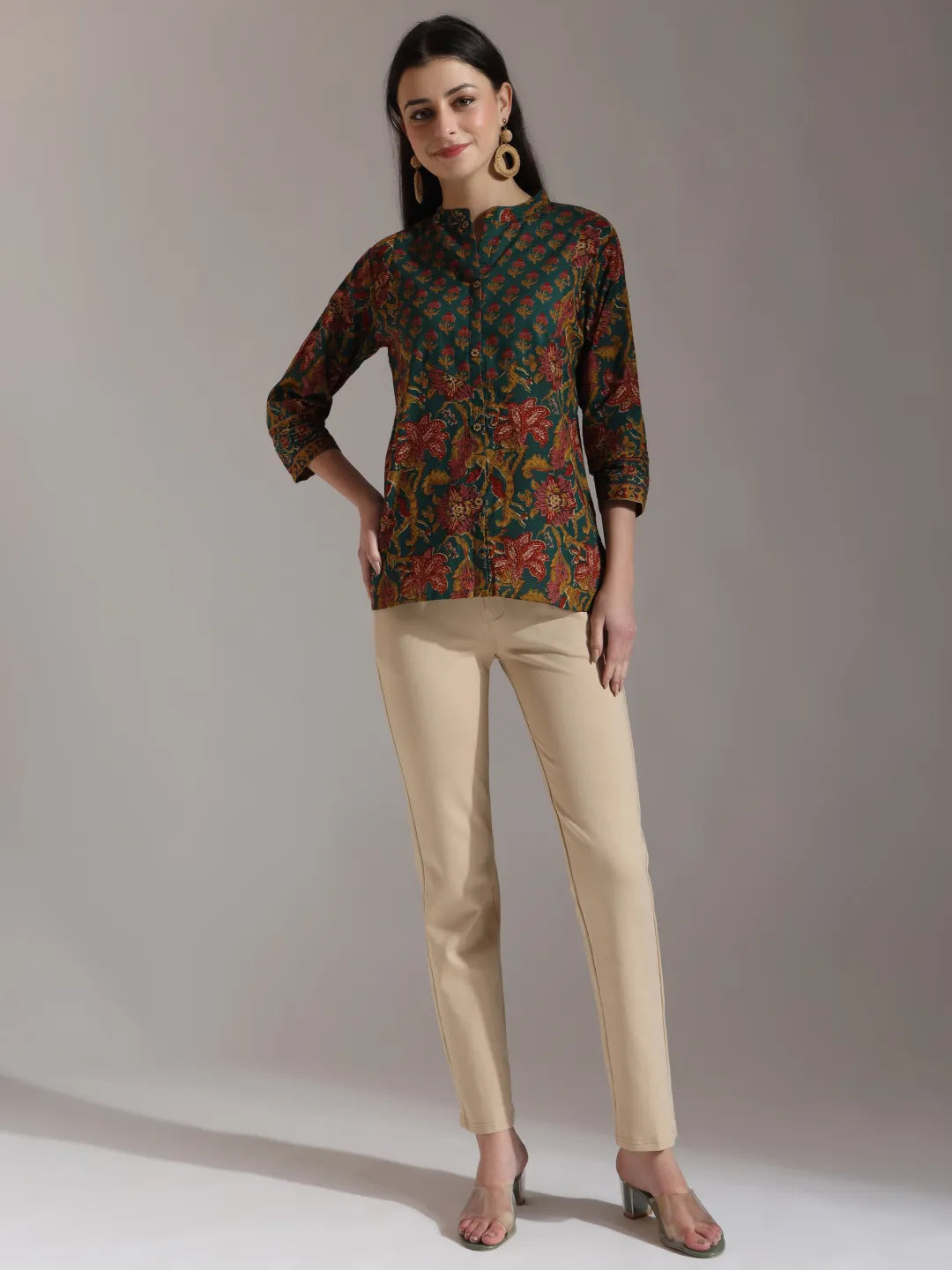 Green Pure Cotton Shirt Style Top