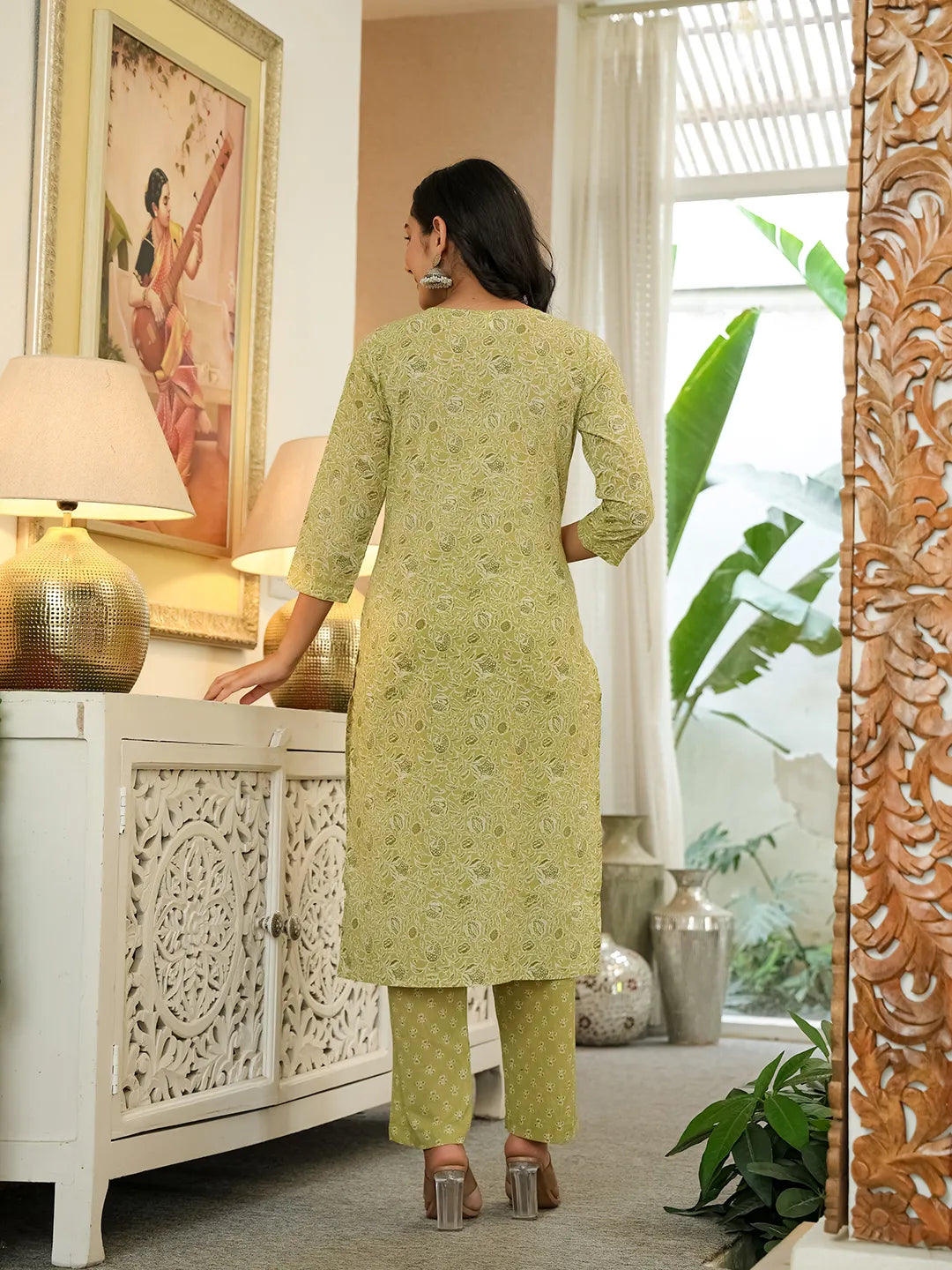 Green Pure Cotton Thread Work Sequins Work Kurta Dupatta Pant Set