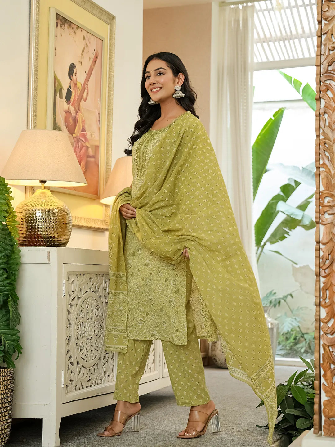 Green Pure Cotton Thread Work Sequins Work Kurta Dupatta Pant Set