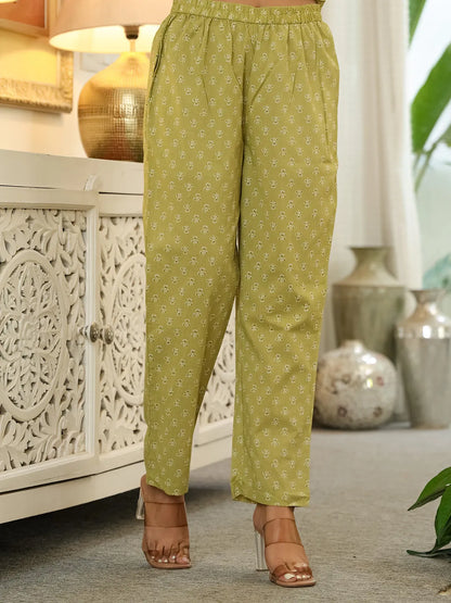 Green Pure Cotton Thread Work Sequins Work Kurta Dupatta Pant Set