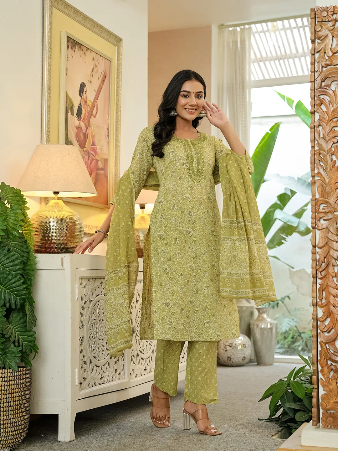 Green Pure Cotton Thread Work Sequins Work Kurta Dupatta Pant Set