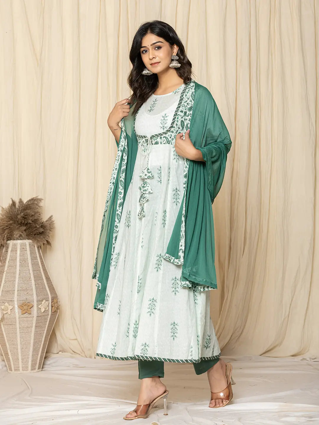 Green Sequins Work Cotton Anarkali Kurta And Trouser With Dupatta Set