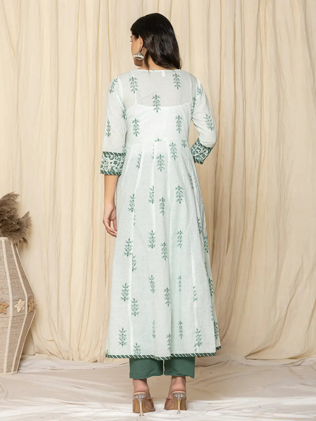 Green Sequins Work Cotton Anarkali Kurta And Trouser With Dupatta Set